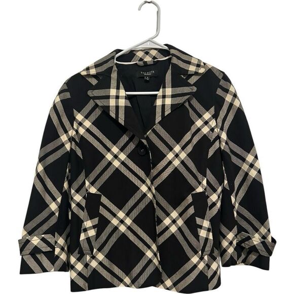Talbots Black White Plaid Button Front Blazer Jacket Size 8 Academic Preppy - Picture 1 of 9